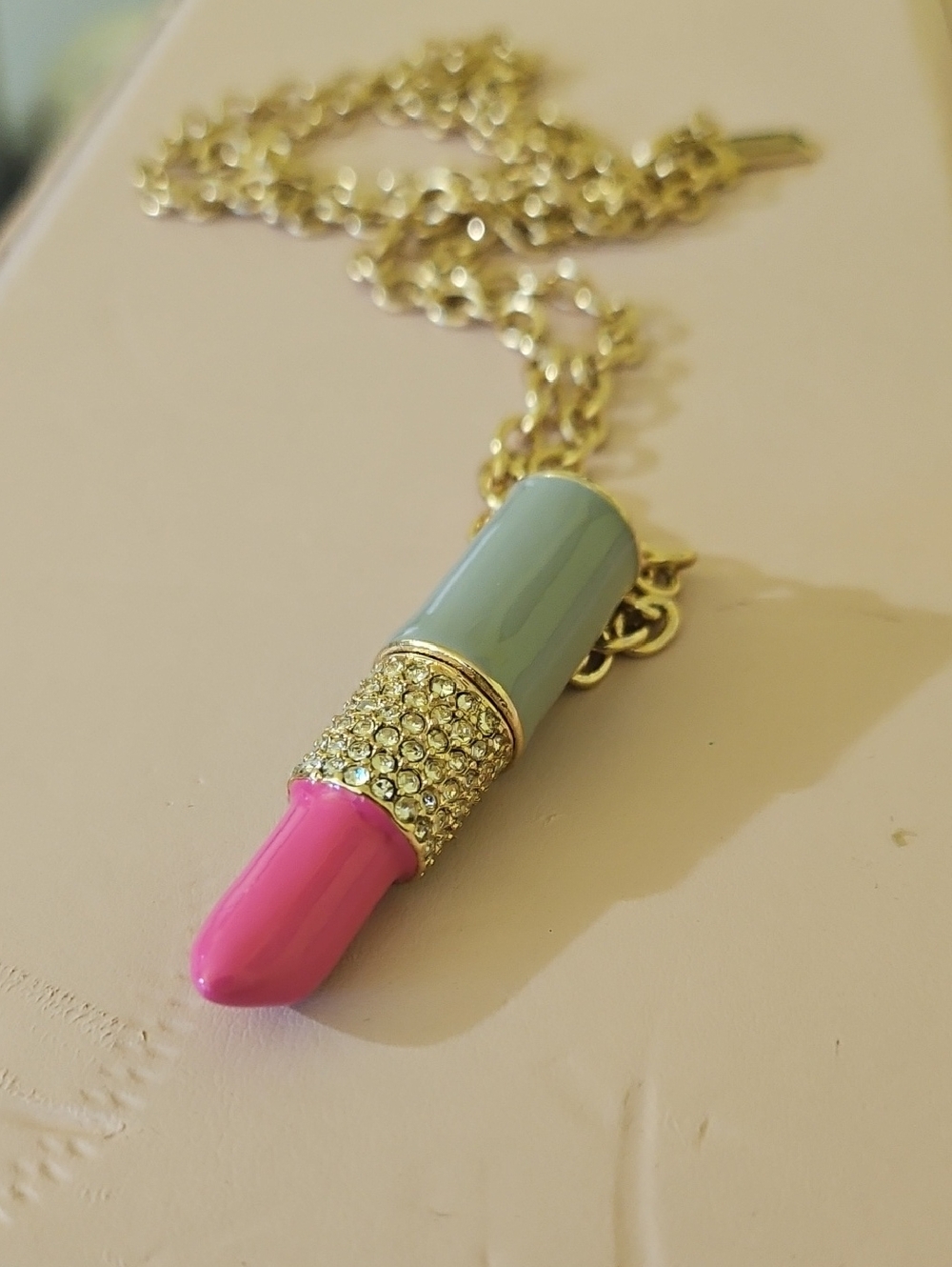 Gold Chain Lipstick Pendant Necklace with Pink   Vintage